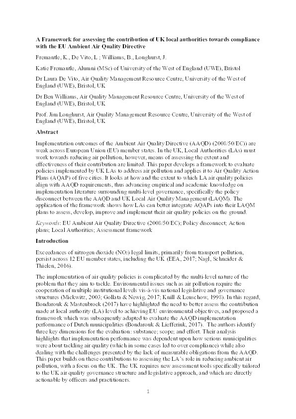 A framework for assessing the contribution of UK local authorities toward compliance with the EU ambient air quality directive Thumbnail