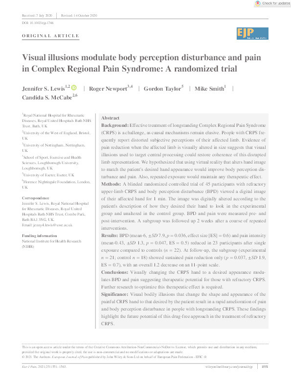 Visual illusions modulate body perception disturbance and pain in Complex Regional Pain Syndrome: A randomized trial Thumbnail