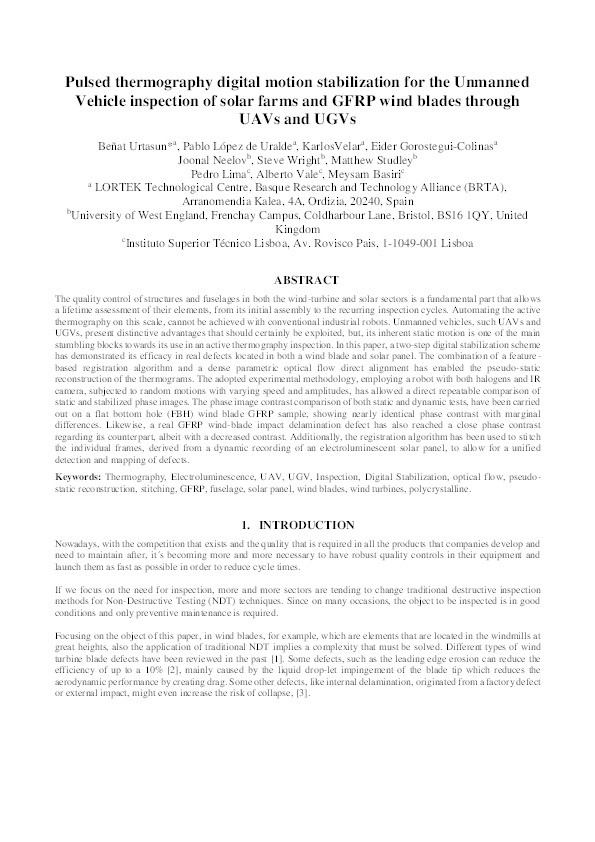 Pulsed thermography digital motion stabilization for the unmanned vehicle inspection of solar farms and GFRP wind blades through UAVs and UGVs Thumbnail