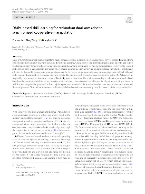 DMPs-based skill learning for redundant dual-arm robotic synchronized cooperative manipulation Thumbnail