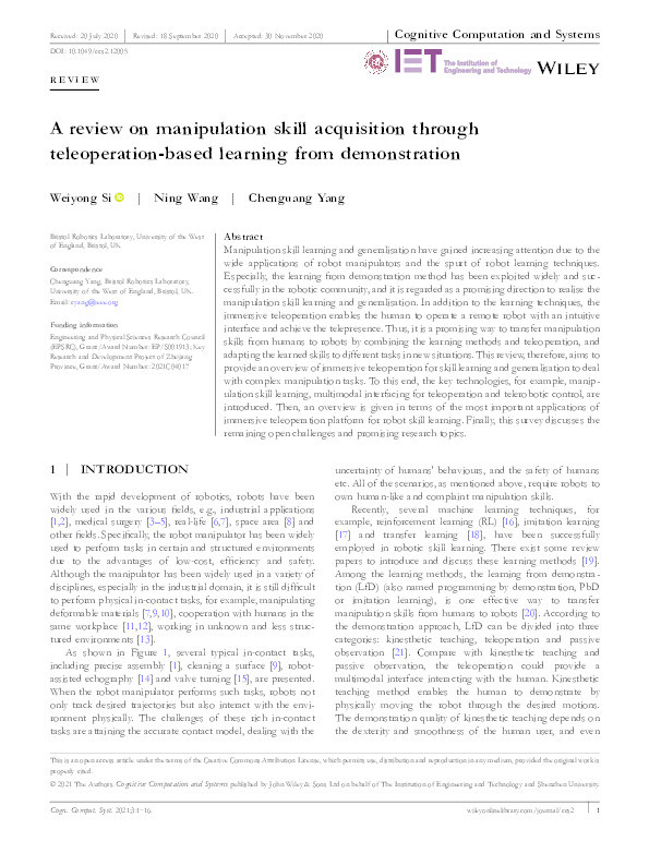 A review on manipulation skill acquisition through teleoperation‐based learning from demonstration Thumbnail