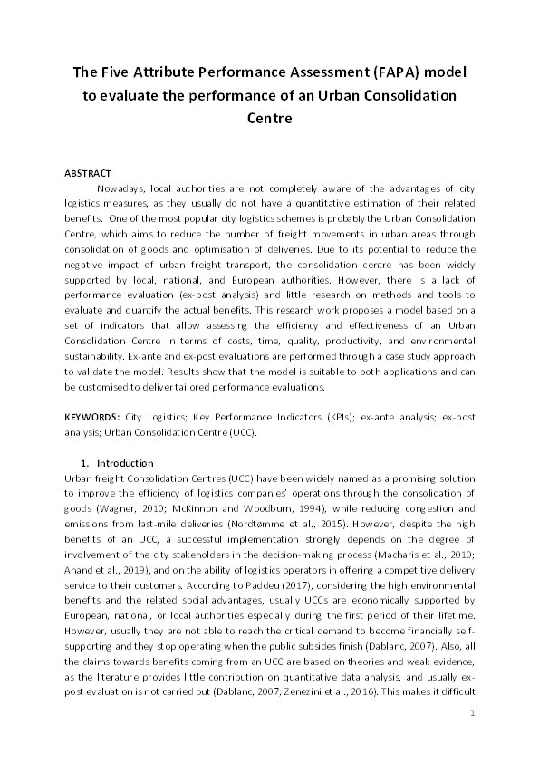 The Five Attribute Performance Assessment (FAPA) model to evaluate the performance of an urban consolidation centre Thumbnail