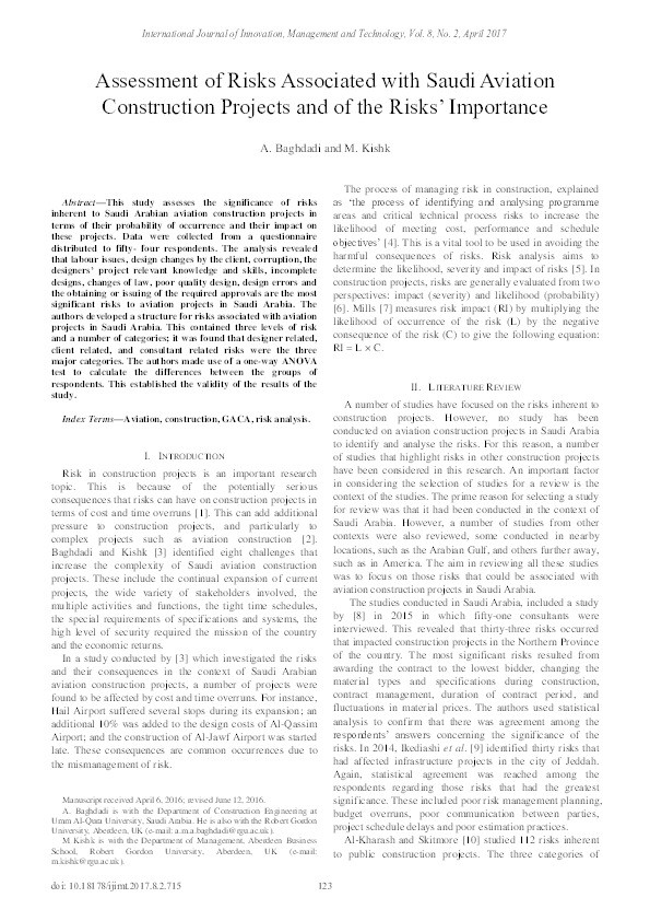 Assessment of risks associated with Saudi aviation construction projects and of the risks’ importance Thumbnail