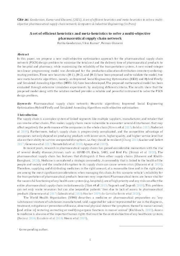 A set of efficient heuristics and meta-heuristics to solve a multi-objective pharmaceutical supply chain network Thumbnail