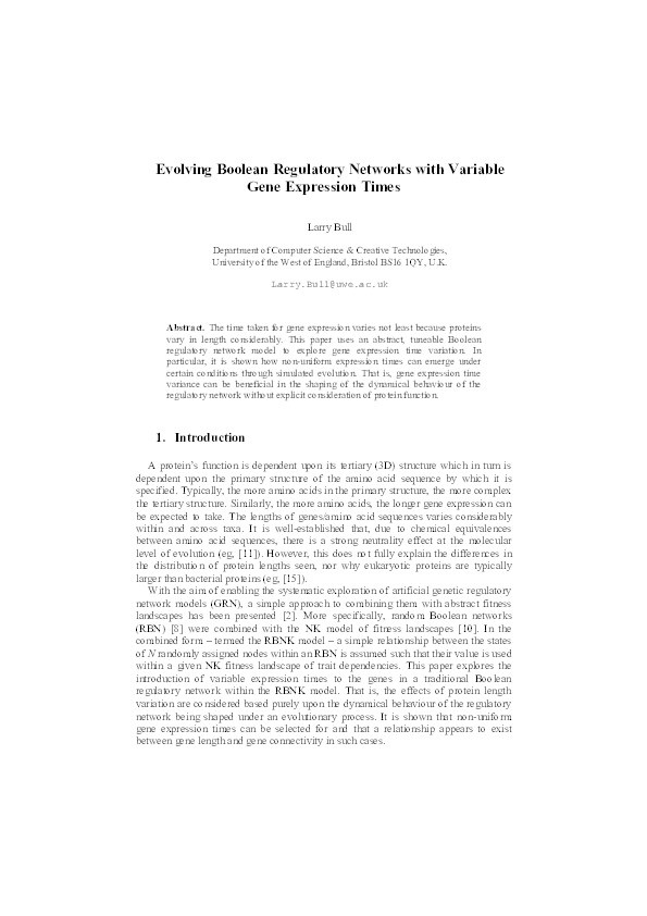 Evolving Boolean regulatory networks with variable gene expression times Thumbnail