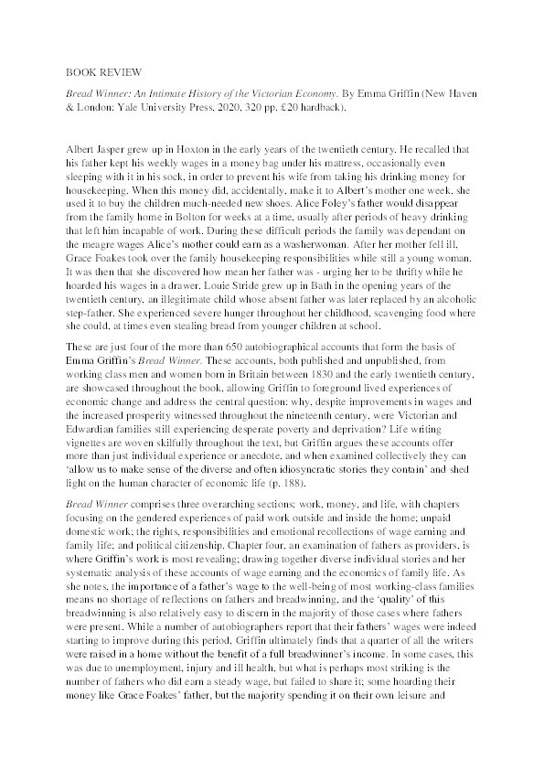 Bread Winner: an intimate history of the Victorian economy: by Emma Griffin, New Haven and London, Yale University Press, 2020, xi + 320 pp., £20.00 (hardback), ISBN: 978-0-30023-006-2 Thumbnail
