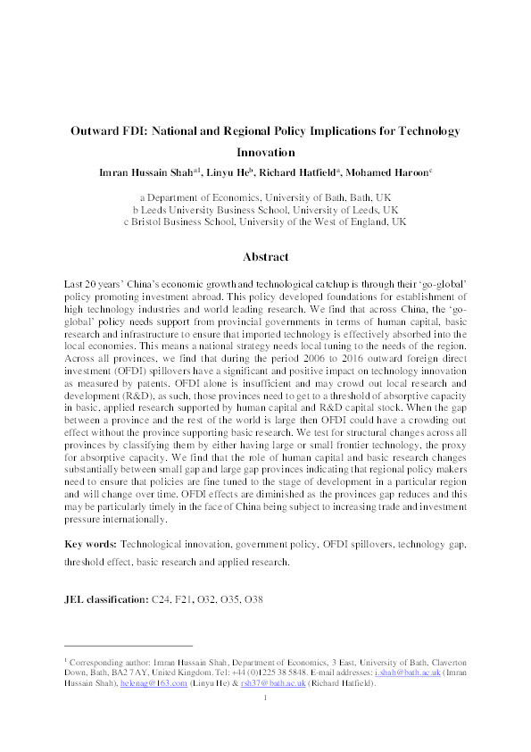 Outward FDI: National and regional policy implications for technology innovation Thumbnail