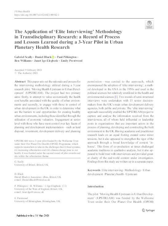 The application of ‘elite interviewing’ methodology in transdisciplinary research: A record of process and lessons learned during a 3-year pilot in urban planetary health research Thumbnail