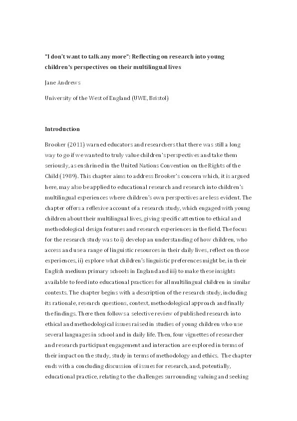 "I don’t want to talk any more": Reflecting on research into young children's perspectives on their multilingual lives Thumbnail