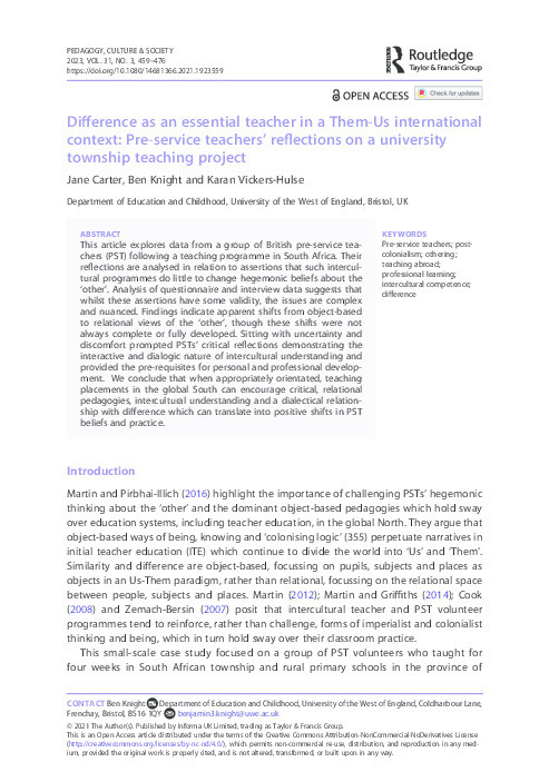 Difference as an essential teacher in a Them-Us international context: Pre-service teachers’ reflections on a university township teaching project Thumbnail