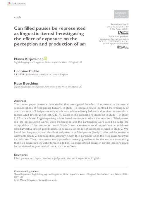 Can filled pauses be represented as linguistic items? Investigating the effect of exposure on the perception and production of um Thumbnail