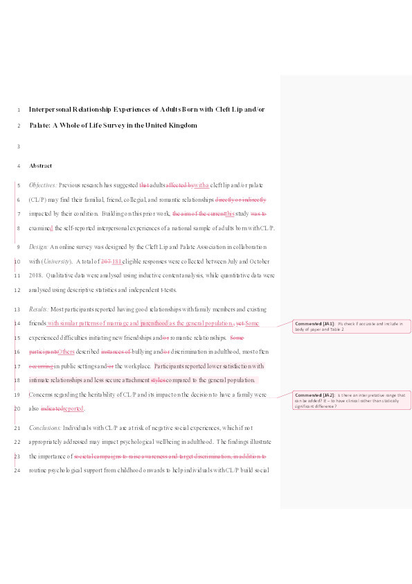 Interpersonal relationship experiences in adults born with cleft lip and/or palate: A whole of life survey in the United Kingdom Thumbnail