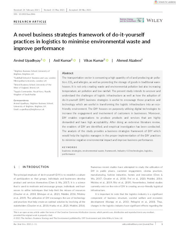 A novel business strategies framework of do-it-yourself practices in logistics to minimise environmental waste and improve performance Thumbnail