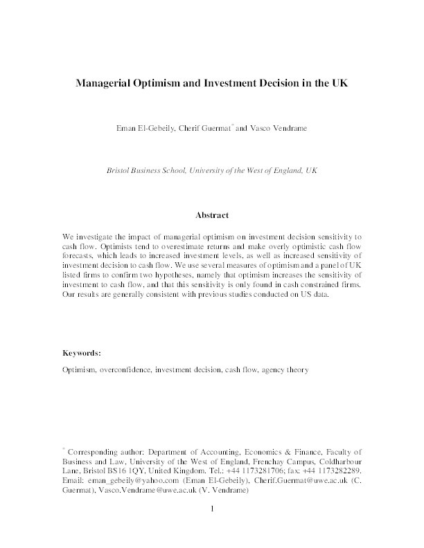 Managerial optimism and investment decision in the UK Thumbnail