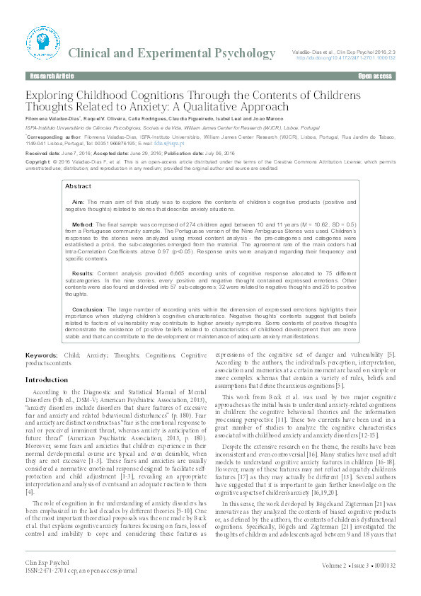 Exploring childhood cognitions through the contents of childrens thoughts related to anxiety: A qualitative approach Thumbnail