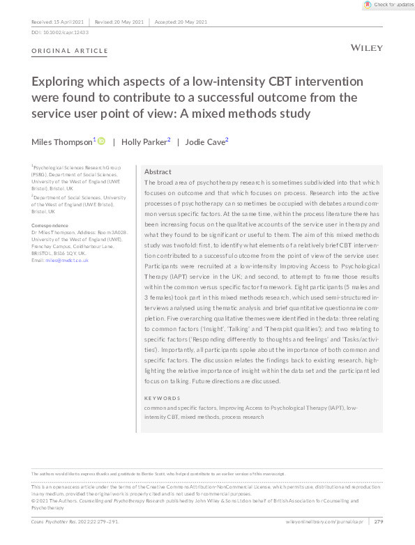 Exploring which aspects of a low‐intensity CBT intervention were found to contribute to a successful outcome from the service user point of view: A mixed methods study Thumbnail