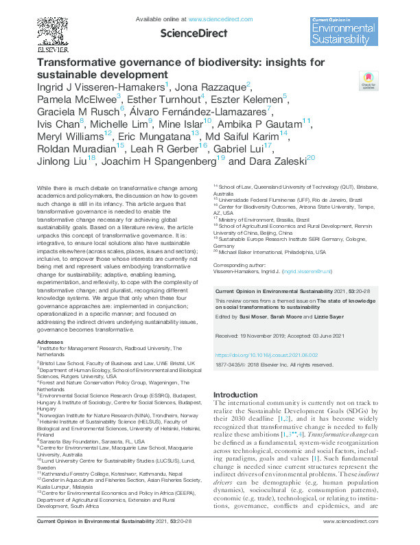 Transformative governance of biodiversity: Insights for sustainable development Thumbnail