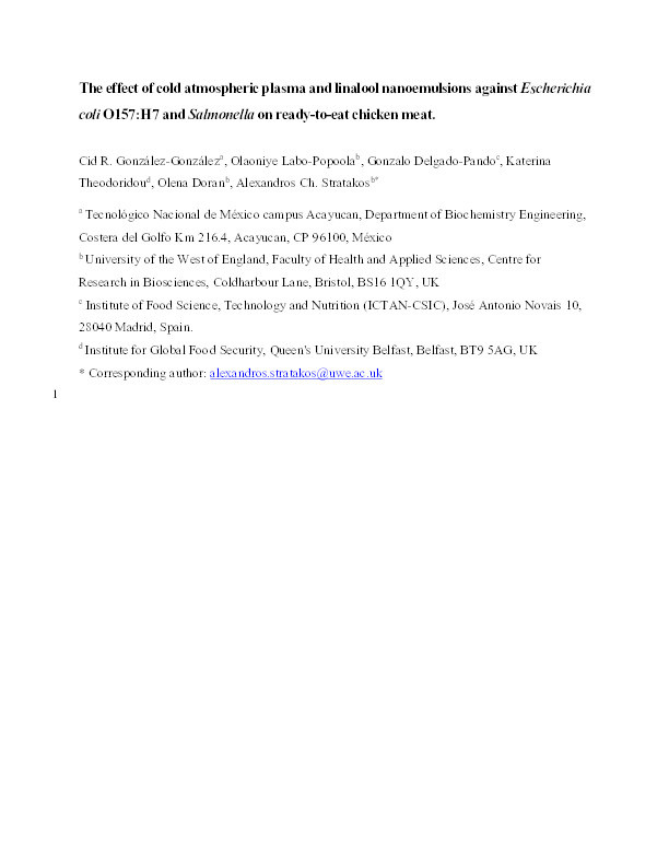 The effect of cold atmospheric plasma and linalool nanoemulsions against Escherichia coli O157:H7 and Salmonella on ready-to-eat chicken meat Thumbnail