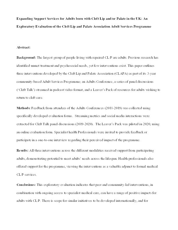 Expanding support services for adults born with cleft lip and/or palate in the United Kingdom: An exploratory evaluation of the cleft lip and palate association adult services programme Thumbnail