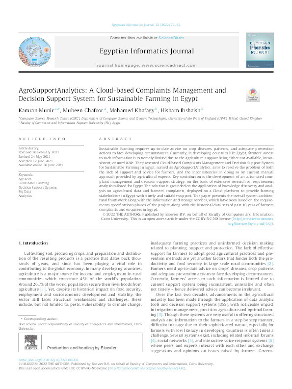 AgroSupportAnalytics: A cloud-based complaints management and decision support system for sustainable farming in Egypt Thumbnail