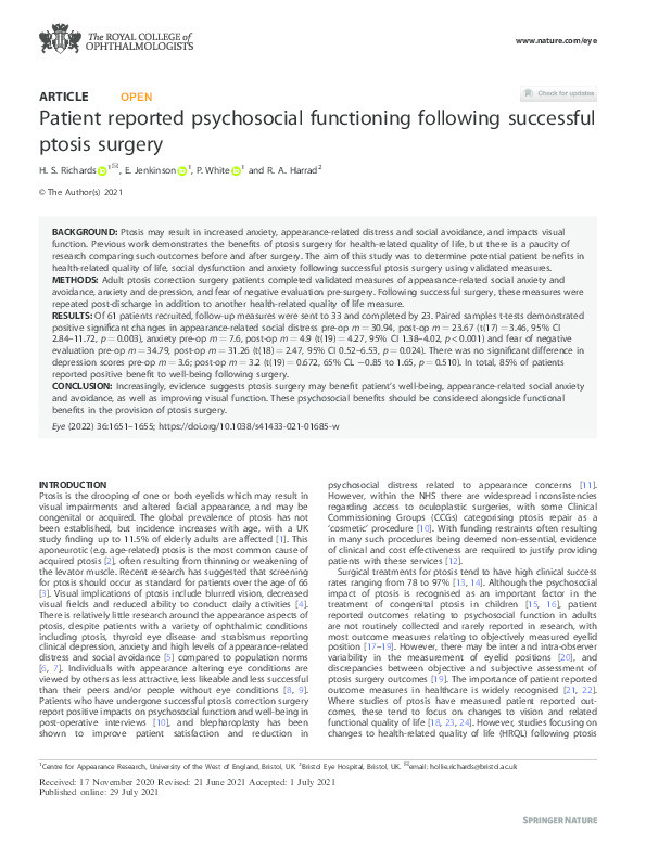 Patient reported psychosocial functioning following successful ptosis surgery Thumbnail