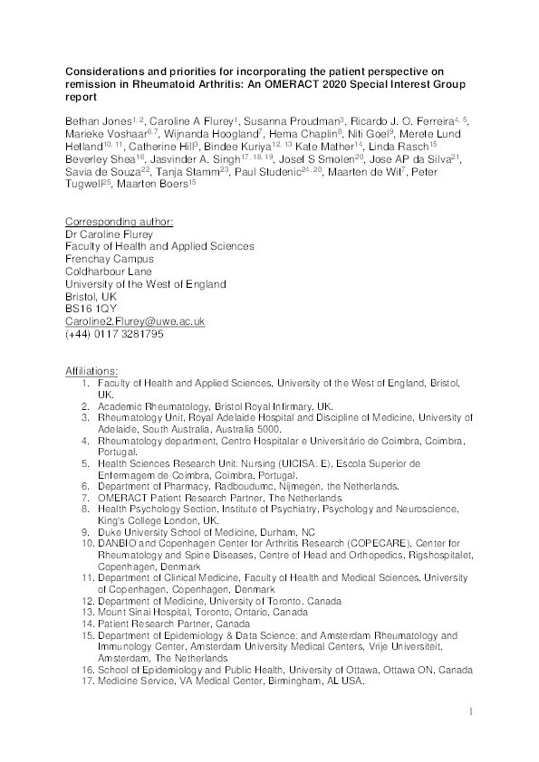 Considerations and priorities for incorporating the patient perspective on remission in Rheumatoid Arthritis: An OMERACT 2020 Special Interest Group report Thumbnail