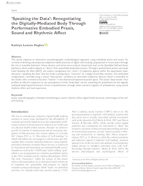 ‘Speaking the data’: Renegotiating the digitally-mediated body through performative embodied praxis, sound and rhythmic affect Thumbnail