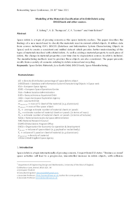 Modelling of the materials classification of in-orbit debris using DISCOSweb and other sources Thumbnail