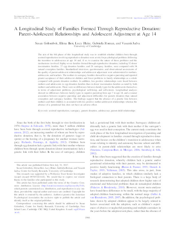 A longitudinal study of families formed through reproductive donation: Parent-adolescent relationships and adolescent adjustment at age 14 Thumbnail