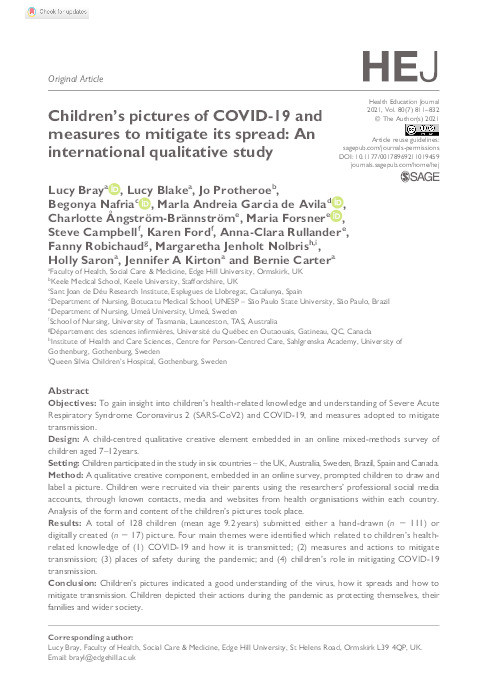 Children’s pictures of COVID-19 and measures to mitigate its spread: An international qualitative study Thumbnail