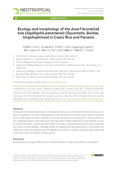 Ecology and morphology of the dwarf bromeliad boa Ungaliophis panamensis (Squamata, Boidae, Ungaliophiinae) in Costa Rica and Panama Thumbnail