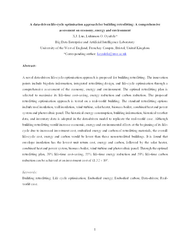 A data-driven life-cycle optimisation approach for building retrofitting: A comprehensive assessment on economy, energy and environment Thumbnail