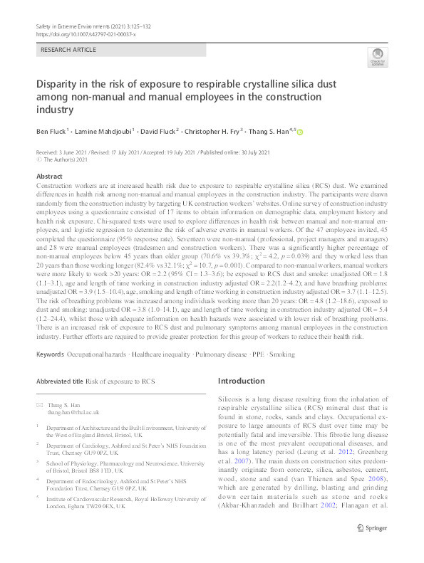 Disparity in the risk of exposure to respirable crystalline silica dust among non- manual and manual employees in the construction industry Thumbnail