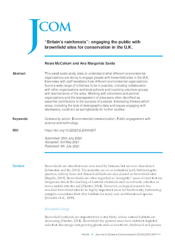 “Britain's rainforests”:  Engaging the public with brownfield sites for conservation in the U.K. Thumbnail