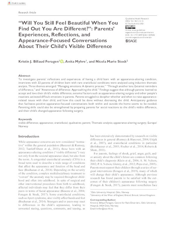 “Will you still feel beautiful when you find out you are different?” Parents’ experiences, reflections, and appearance-focused conversations about their child’s visible difference Thumbnail