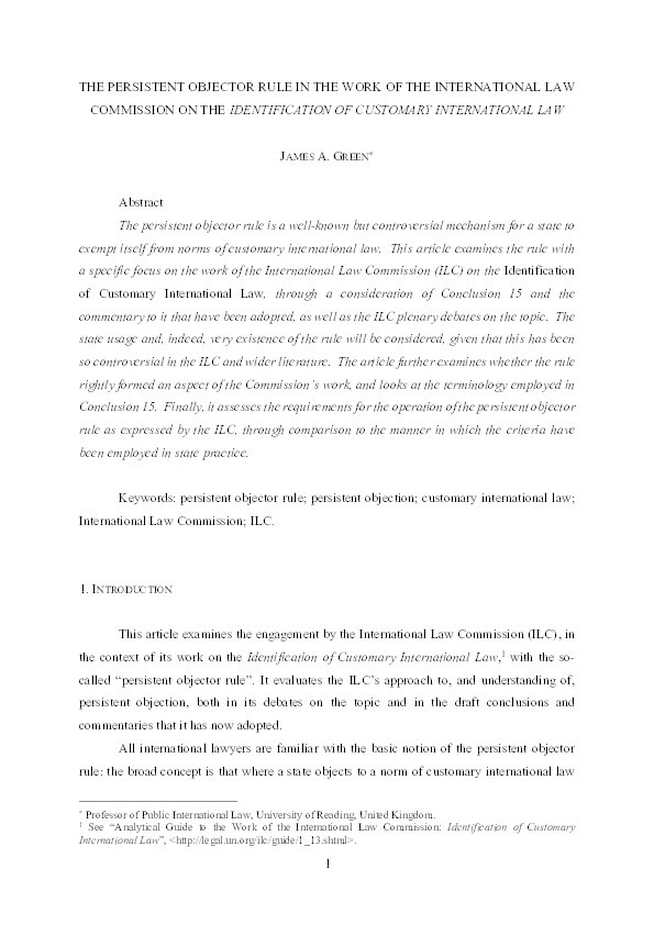 The persistent objector rule in the work of the International Law Commission on the Identification of Customary International Law Thumbnail