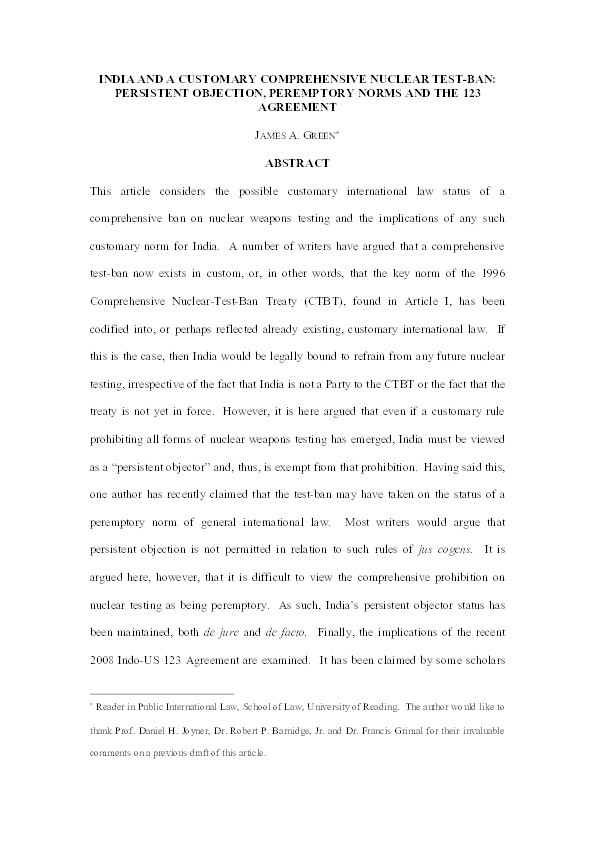 India and a customary comprehensive nuclear test-ban: Persistent objection, peremptory norms and the 123 agreement Thumbnail