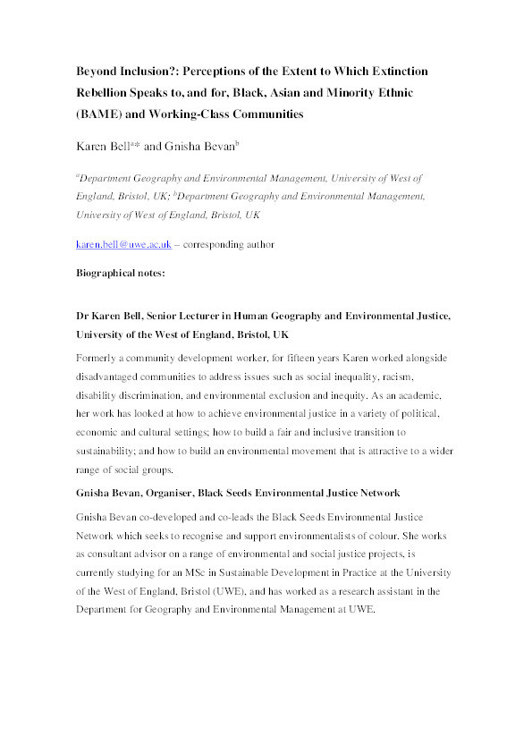Beyond inclusion?: Perceptions of the extent to which Extinction Rebellion speaks to, and for, Black, Asian and Minority Ethnic (BAME) and working-class communities Thumbnail
