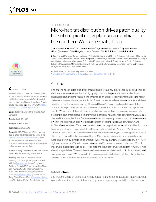 Micro-habitat distribution drives patch quality for sub-tropical rocky plateau amphibians in the northern Western Ghats, India Thumbnail