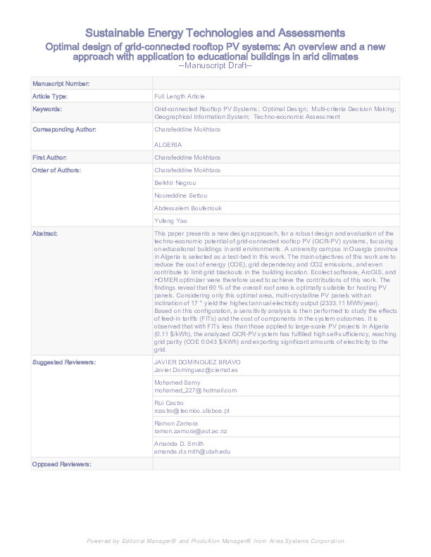 Optimal design of grid-connected rooftop PV systems: An overview and a new approach with application to educational buildings in arid climates Thumbnail