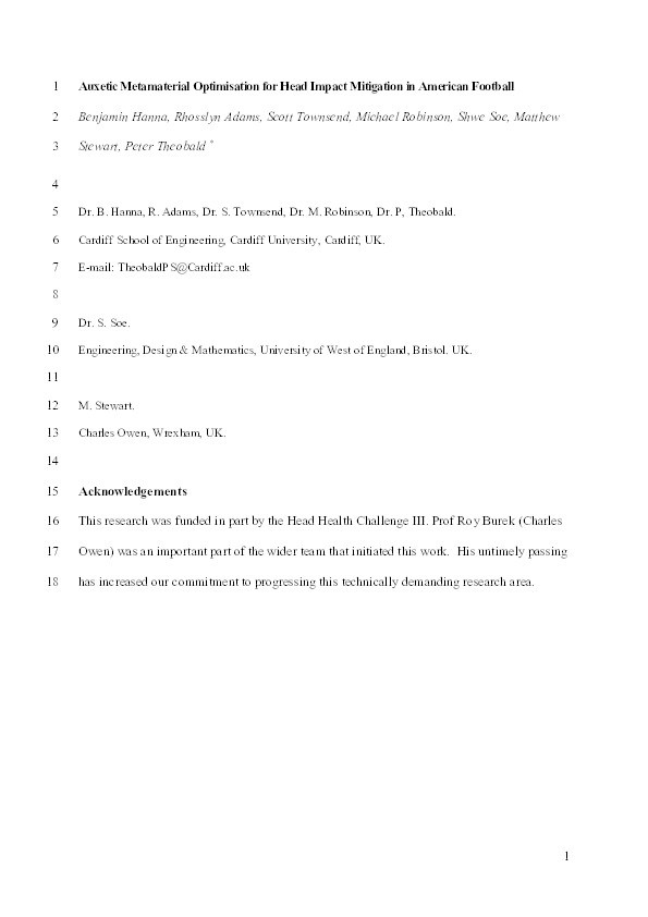 Auxetic metamaterial optimisation for head impact mitigation in American football Thumbnail