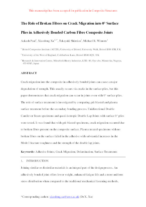 The role of broken fibres on crack migration into 0° surface plies in adhesively bonded carbon fibre composite joints Thumbnail