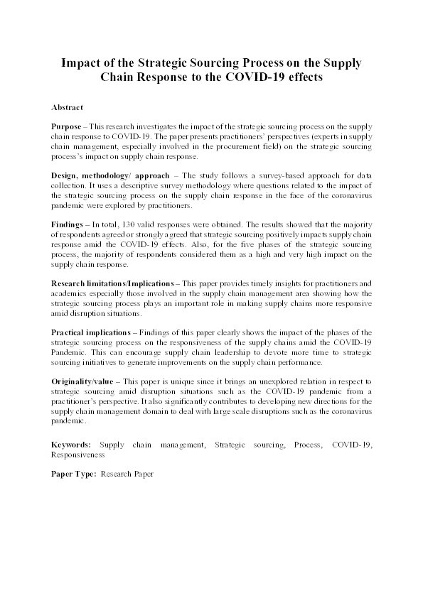 Impact of the strategic sourcing process on the supply chain response to the COVID-19 effects Thumbnail