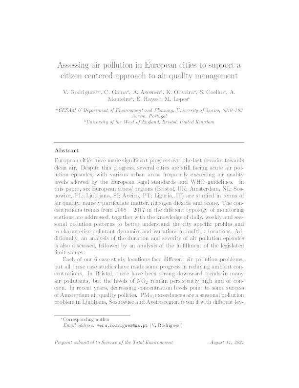 Assessing air pollution in European cities to support a citizen centered approach to air quality management Thumbnail