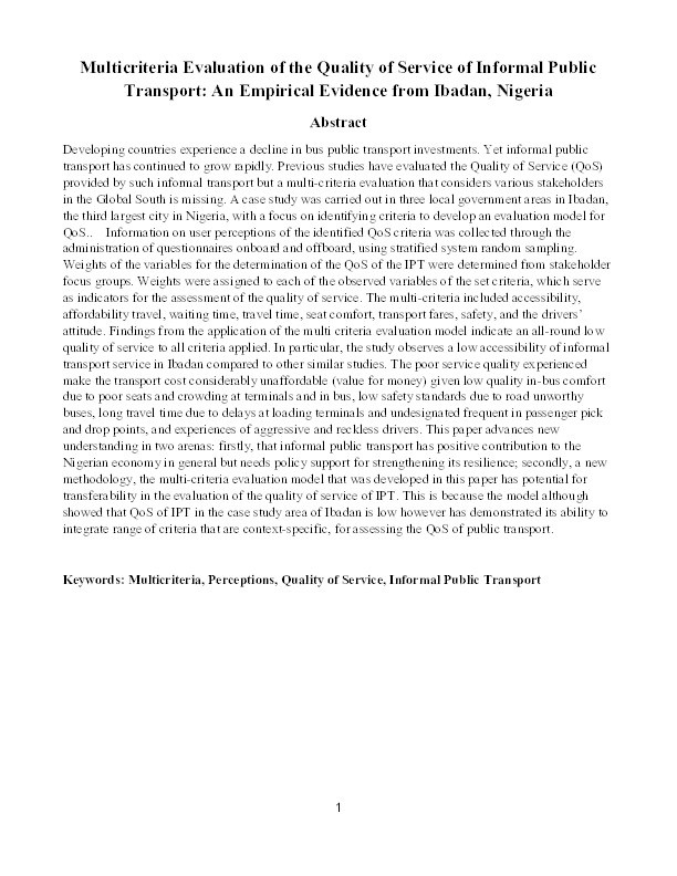 Multicriteria evaluation of the quality of service of informal public transport: An empirical evidence from Ibadan, Nigeria Thumbnail