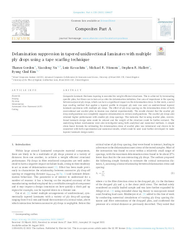 Delamination suppression in tapered unidirectional laminates with multiple ply drops using a tape scarfing technique Thumbnail