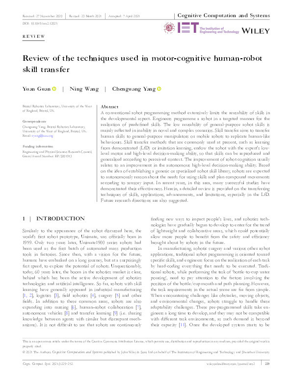 Review of the techniques used in motor‐cognitive human‐robot skill transfer Thumbnail