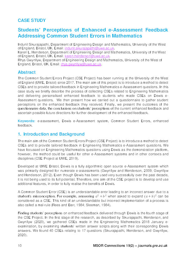 Students’ perceptions of enhanced e-assessment feedback addressing common student errors in mathematics Thumbnail