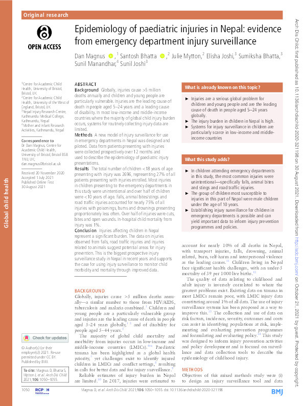 Epidemiology of paediatric injuries in Nepal: Evidence from emergency department injury surveillance Thumbnail