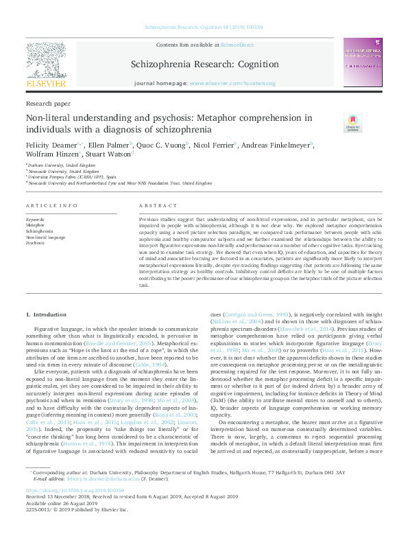 Non-literal understanding and psychosis: Metaphor comprehension in individuals with a diagnosis of schizophrenia Thumbnail